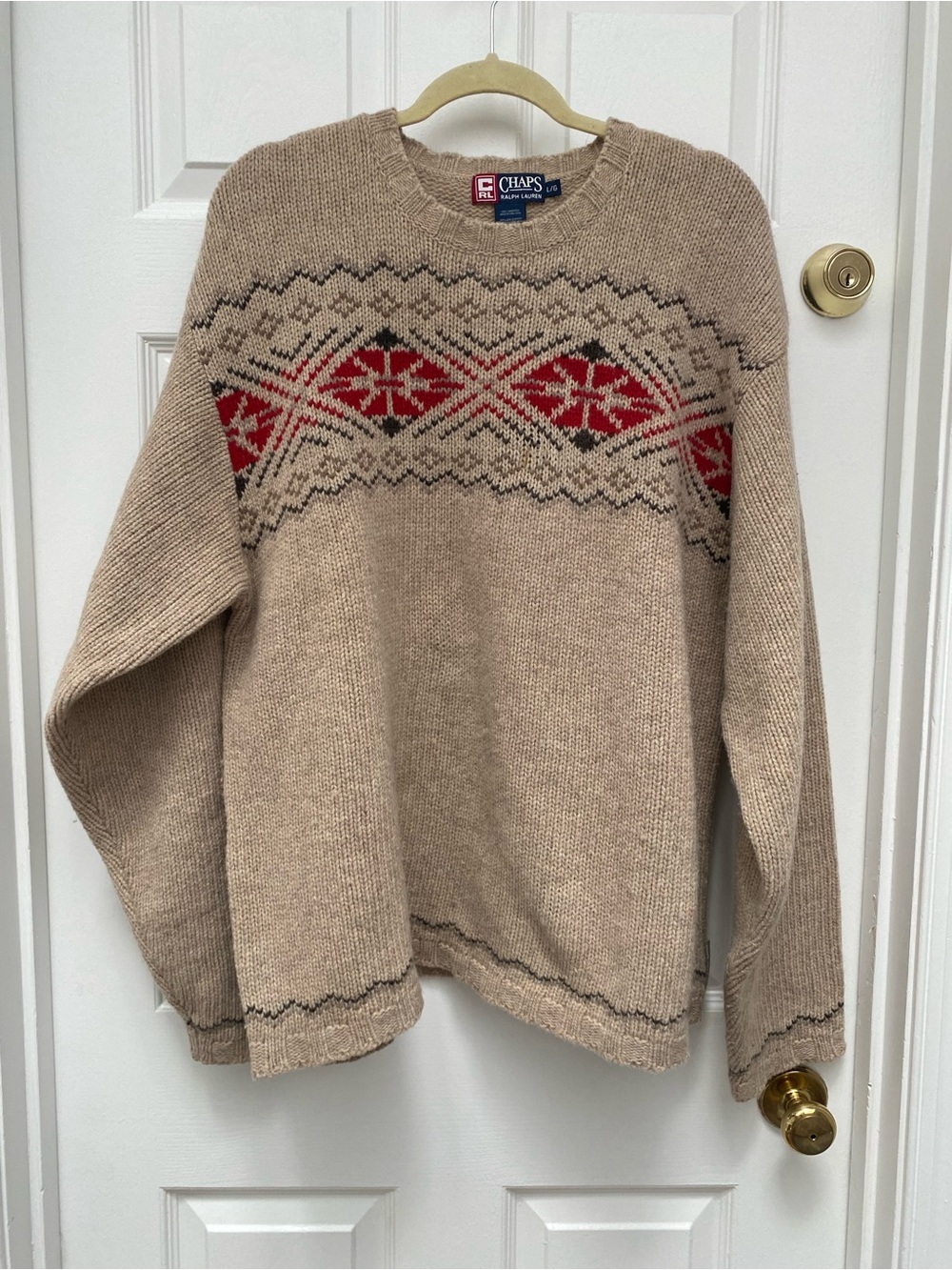 Vintage 90’s Ralph Lauren Chaps Tan & Red Fair Isle Wool Crewneck Sweater - L